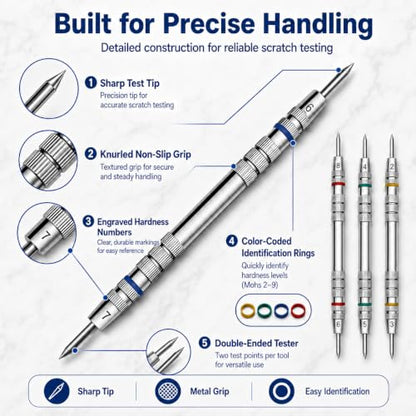 Premium Mohs Hardness Test Kit (2-9 Scale) - Mineral Identification Set with 4 Testing Pencils, Glass Plate - Accurate Hardness Testing for Rocks, Gems & Geology Enthusiasts