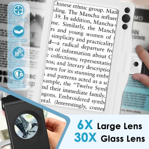 30X 6X Rechargeable Magnifying Glass for Reading, Large Full Page Magnifier with Folding Stand, 3 Color Light Modes, Dimmable LED Lighted, Hands Free Book Magnifier for Low Vision Seniors, White-Black - color: White-black