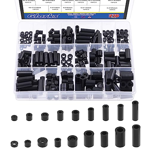 Glarks 270Pcs Nylon Round Spacer Assortment Kit for M3 M4 M5 M6 Screws, Electrical Outlet Screws Spacers, Black ABS Round Washers Hardware Spacer Bracket for Electrical Screws Switch and Receptacle - size: M3 M4 M5 M6 (Black)