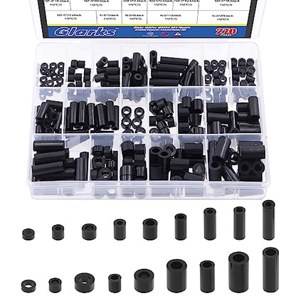 Glarks 270Pcs Nylon Round Spacer Assortment Kit for M3 M4 M5 M6 Screws, Electrical Outlet Screws Spacers, Black ABS Round Washers Hardware Spacer Bracket for Electrical Screws Switch and Receptacle - size: M3 M4 M5 M6 (Black)