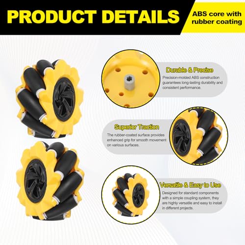 MECCANIXITY 4Pack Mecanum Wheels Set, 80mm / 3.15 ABS Rubber left and right Omnidirectional Wheels for Smart Robot Car Parts DIY Models Accessories, Yellow - size: 80mm / 3.15"
