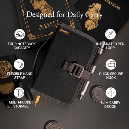 LOCHBY® Mini Field Journal | Water Resistant Waxed Canvas | Pen Loop | Included Tomoe River Notebook | Perfect for Travel, Art, Bullet Journal - color: Black, size: Pocket-size Hook