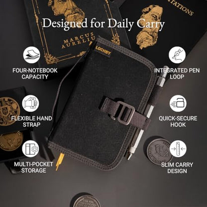 LOCHBY® Mini Field Journal | Water Resistant Waxed Canvas | Pen Loop | Included Tomoe River Notebook | Perfect for Travel, Art, Bullet Journal - color: Black, size: Pocket-size Hook