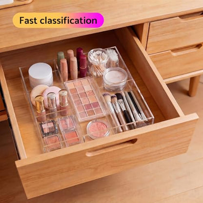 HIIMIEI Acrylic Drawer Organizer, 6 Section Clear Makeup Tray Organizer for Drawer Office Bedroom(11.8x11.8 inch) - size: 12'' x 12''