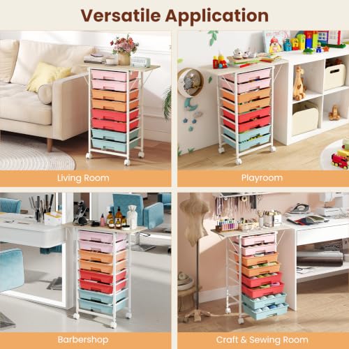 Giantex 8 Drawers Rolling Cart with Wheels, Folding Wood Top - color: Macaron, size: 8 Drawer-26.5"x11"x30"