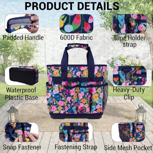 MELOTOUGH 12-Pocket Garden Tool Bag with Hard Bottom, Gardening Tote, Blue - color: Blue Flower