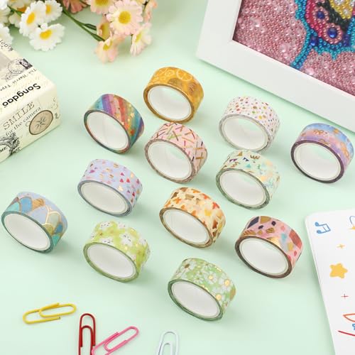 12 Rolls Gold Foil Floral Washi Tape Set,15mm Decorative Masking Tape for Journaling, Scrapbooking, Planners, DIY Crafts, Gift Wrapping(Spring Pastel Collection) - style: Golden Geometry