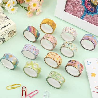 12 Rolls Gold Foil Floral Washi Tape Set,15mm Decorative Masking Tape for Journaling, Scrapbooking, Planners, DIY Crafts, Gift Wrapping(Spring Pastel Collection) - style: Golden Geometry