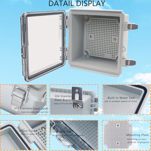 Waterproof Junction Box, ABS Plastic Electrical Box with Stainless Steel Latch, Hinged Cover Electric Project Enclosure Box with Mounting Plate, Wall Brackets & Cable Gland 5.9"x5.9"x3.5" - color: Clear, size: 5.9"x5.9"x3.5"