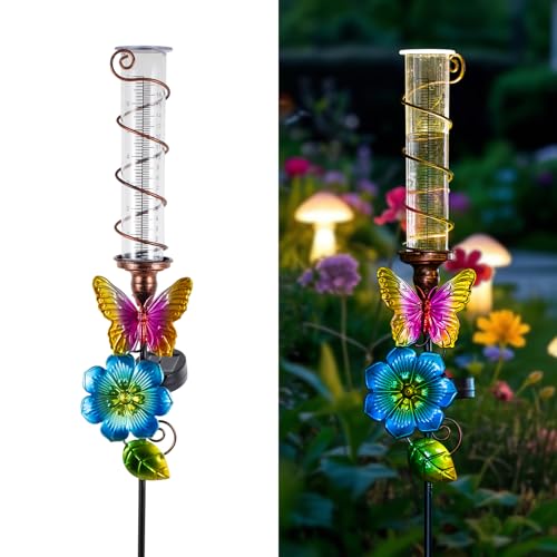 Rain Gauge Outdoor, Solar Water Gauge for Rain - color: Blue Flower-Butterfly