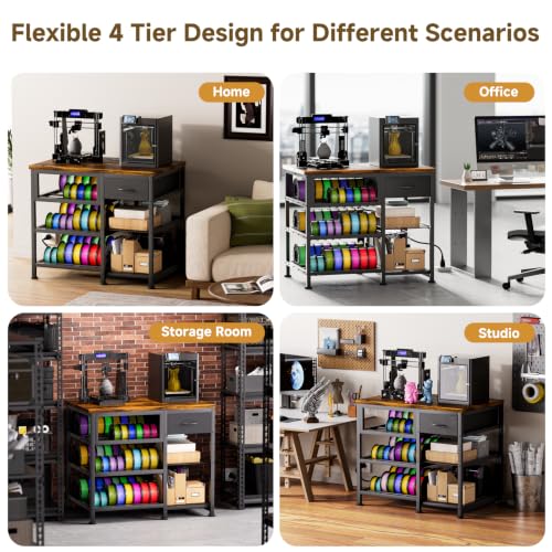 3D Printer Stand with Filament Storage Rack, Heavy Duty 3D Printer Table with Power Outlet, 4-Tier Filament Holder with Drawer, 3D Printer Filament Stand Organized for Office Workshop Studio - color: Brown 4-Tier