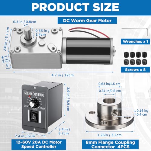 Sabary 6 Piece 12v 12rpm Dc Worm Gear Motor Kit with 20a Pwm Speed Controller for Forward and Reverse Control, High Torque Self-Locking Motor for DIY Automation, Robotics (Standard Panel Controller) - style: Standard Panel Controller