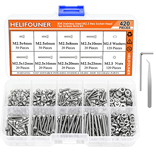 HELIFOUNER 420 Pieces M2.5 x 4mm /6mm /8mm /10mm /12mm /16mm /20mm /25mm, Hex Socket Head Cap Bolts Screws Washers Nuts Kit, 304 Stainless Steel - size: M2.5
