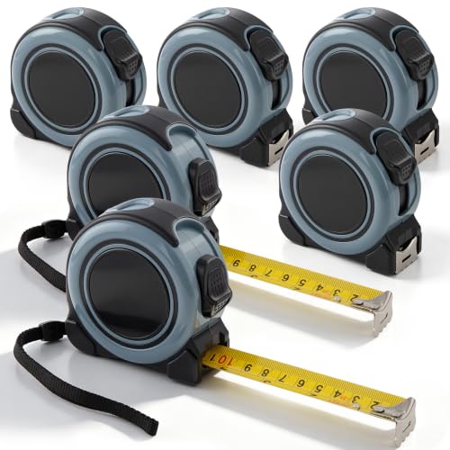 TEMPEST 6 Pack 25FT Tape Measure, Fractional Markings, Auto-Retract & Quick Lock, Heavy Duty Rubber Case, Belt Clip Measuring Tape Set for Construction, DIY