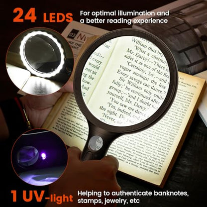 Magnifying Glass with Light Large 24 LED, 10X Handheld Illuminated Lighted Magnifier 1UV Light for Seniors, Close Work, Reading, Coins, Jewelry