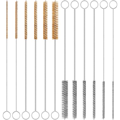 12-Pieces Brass Stainless Steel Wire Brush Set, 12" Long Wire Pipe Cleaner Engine Cleaning Brush Small Wire Brushes for Cleaning Tubes, Cylinders, Narrow Spaces, Auto Parts