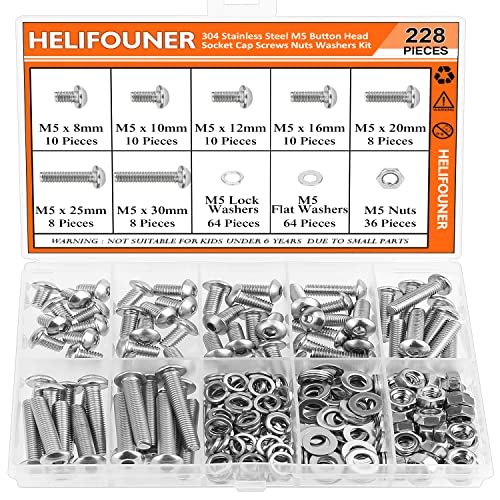 HELIFOUNER 228 Pieces M5 x 8mm /10mm /12mm /16mm /20mm /25mm /30mm, Button Head Socket Cap Screws Bolts Washers Nuts Kit, 304 Stainless Steel - size: M5, style: Button Head Screws
