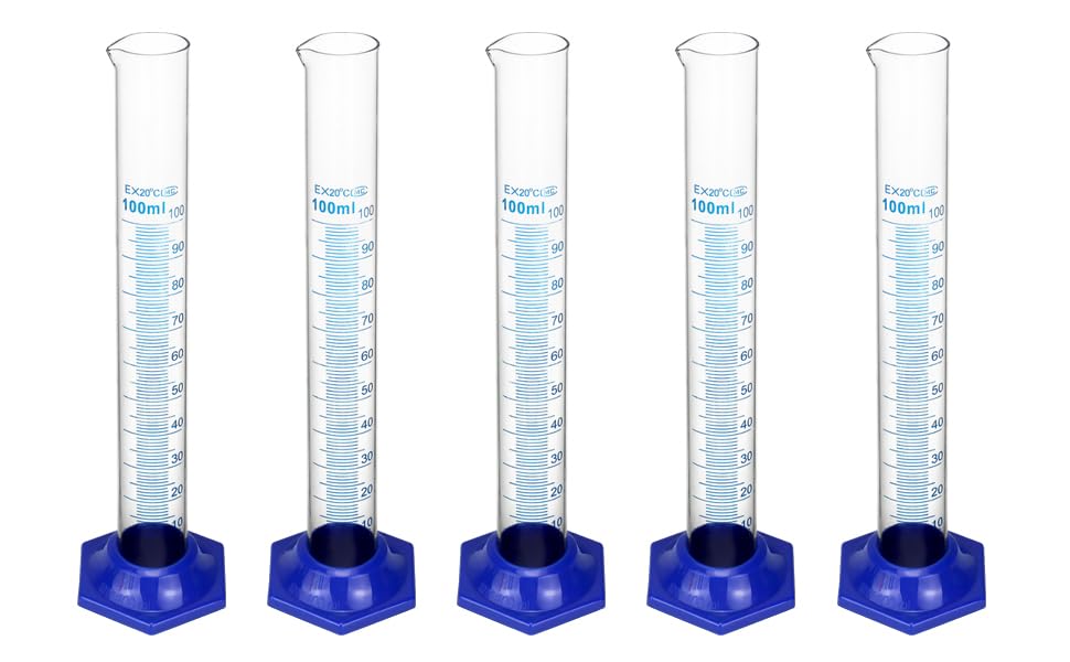 QWORK Borosilicate Glass Graduated Cylinder Set - 5PCS, 100ml, Heat and Chemical Resistant with Shatter-Proof Design, 3mm Wall Thickness