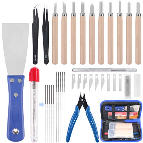 Glarks 34Pieces 3D Printer Nozzle Cleaning Removal Tool Kit, Including 0.35mm 0.4mm Cleaning Needles, Wood Carving Tools Kit, Knife Clean Up Kit, Tweezers, Scraper, Wire Cutter