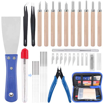 Glarks 34Pieces 3D Printer Nozzle Cleaning Removal Tool Kit, Including 0.35mm 0.4mm Cleaning Needles, Wood Carving Tools Kit, Knife Clean Up Kit, Tweezers, Scraper, Wire Cutter