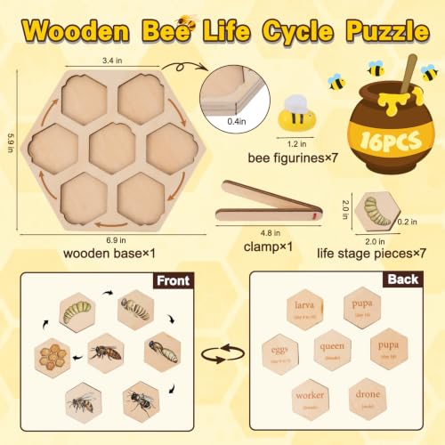 Montessori Bee Toy for Kids 3-5, Wooden Bee Hive Life Cycle Learning Puzzle