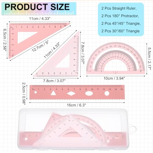 PATIKIL Geometry Set 2Pcs 6" Aluminum Ruler & 4 Triangles, Metal Protractor - color: Gradient Pink, size: 6 Inch