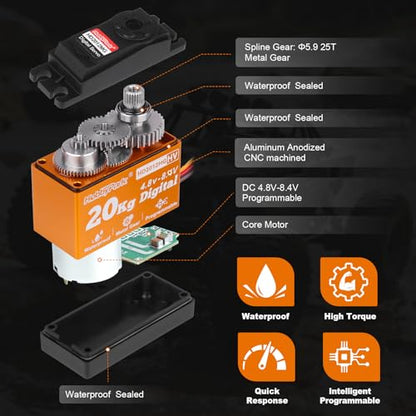 HobbyPark Pack of 2 20KG Servo Waterproof RC Steering Servo All Metal Gears Standard Digital Servos for 1/10 1/12 RC Cars Crawlers Trucks Robot DIY Control Angle 180°, 0.09sec 5.0v-8.4v HV