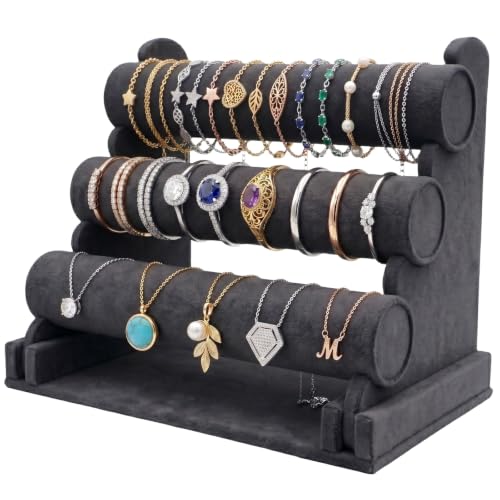 Barelove Velvet Bracelet Holder with 3 Tier Rack, Black T-Bar Storage Organizer Detachable Display Stand for Necklace Watch Bangles Bracelets Scrunchies Organization Showcase - color: Black-3017B