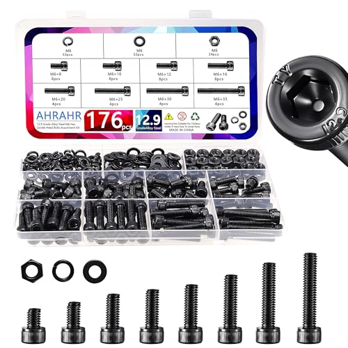 176PCS M6 Hex Socket Head Cap Screws Assortment Kit, 12.9 Grade Alloy Steel Black Zinc Plated M6x8/10/12/16/20/25/30/35mm Bolts Nuts Washers Set, Anti Rust Hardware for 3D Printer DIY Machinery Repair - color: M6 176 pcs