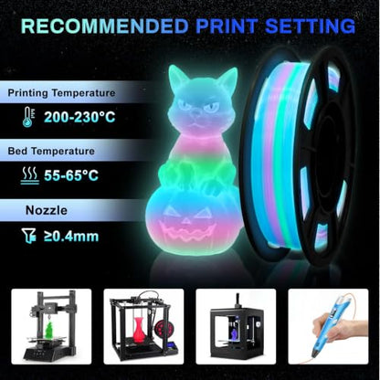 Glow in The Dark PLA+ 3D Printer Filament Bundle 1.75 mm, Stronger Lighting Effect for Beginner, Glow Filament Multicolor for 3D Printers, 4 Spools 250g Each - Green, Red, Purple, Rainbow2 - color: Green/Red/Purple/Rainbow2