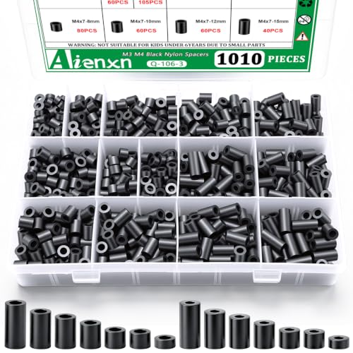 1010PCS Black M3 M4 Nylon Spacers Kit, 14 Sizes- 3mm,5mm,6mm,8mm,10mm,12mm,15mm Length for M3 M4 Screws, Non-Threaded Round Plastic Spacers Suitable for Switch & Receptacle Screws - color: Black, size: 1010PCS (M3 M4)