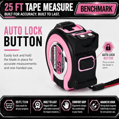 Benchmark - Pink - 3 Pack - 25 ft Tape Measures - Easy to Read Fractions to 1/8th inch - Magnetic Tip - Thumb and Quick Lock - Autowind - Belt Clip - size: Pink