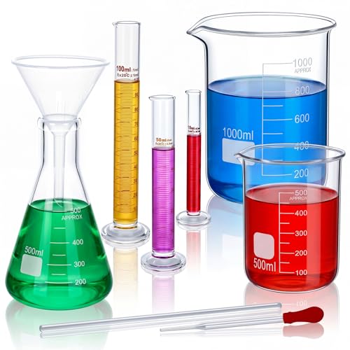 Tallew 9 Pcs Lab Glass Beaker Set Includes Glass Graduated Cylinder 500ml 1000ml Erlenmeyer Flask 500ml Graduated Cylinder Set 10ml 50ml 100ml with 1 Droppers 1 Stirring Rods Plastic Funnel