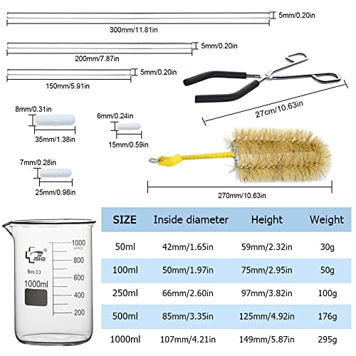 14PCS Glass Beaker Set, 6 Sizes - 10ml 50ml 100ml 250ml 500ml 1000ml Graduated Beakers + 11" Beaker Tongs + 3pcs Glass Stirring Rods + 3pcs Magnetic Stir Bar + 1000ml Beaker Brush - size: 10ml 50ml 100ml 250ml 500ml 1000ml, style: Beakers+Tongs+Rods+Stir