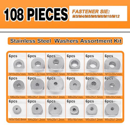 108-Piece, 18 Size, Stainless Steel Flat Washers Assortment Kit, Metal Screw Washers Set for Bolts, Industrial, Covering M3, M4, M5, M6, M8, M10, M12 - size: Stainless Steel - 108Pcs