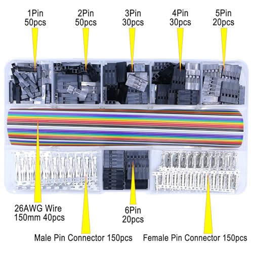 Jumper Wire Connector Kit for Dupont 2.54mm 1/2/3/4/5/6P Connector Housing Male/Female Pin Connector 26AWG Colored Wire Suitable for Electronic Products (40Pin Wire Set 540 pcs) - style: 40Pin Wire Set 540 pcs