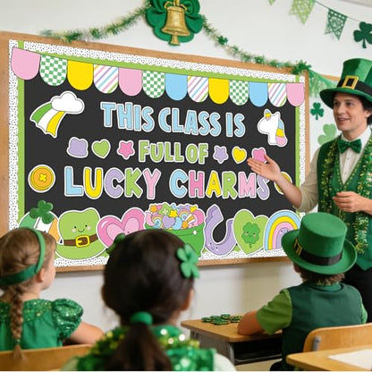 St. Patrick's Day Bulletin Board Decoration Lucky Shamrock Clover Rainbow Gold Coin Irish Clover Cutouts March Classroom Bulletin Board Set for School Chalkboard Wall Door Decoration Favor - style: St. Patrick's Day