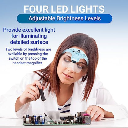 YOCTOSUN Magnifying Glasses with 4 LED Lights, 1X to 3.5X Head Magnifier - color: Light Blue