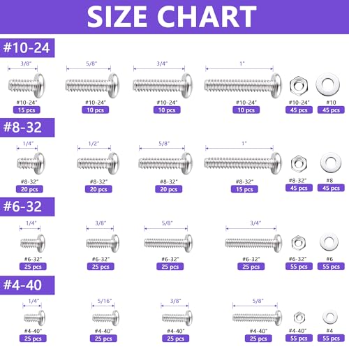 720Pcs 304 Stainless Steel Machine Screws Assortment Kit, Phillips Pan Head #4-40#6-32#8-32#10-24 Coarse Thread Screws Nuts Flat Washers Set with Reusable Storage Case for DIY Household Repair - color: Silver-Phillips Pan Head
