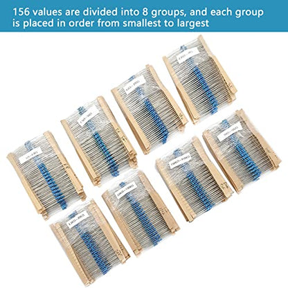 3120pcs 156 Values Metal Film Resistor Kit Minidodoca 1 Ohm-10M Ohm 1/4W 0.25 watt ±1% Tolerance Fixed Resistors Assortment Kit RoHS Compliant 100 1000 1k 10k 100k ohm Resistor Pack for DIY Projects - style: 1/4 watt-156 values-3120pcs