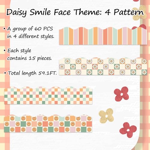 FYSUIMU 59.1 Ft Boho Bulletin Board Borders Retro Groovy Decoration Boarders Smile Daisy Plaid Scalloped Border Trim Sticker Decals for Back to School Home Classroom Party Wall Decoration - style: Boho Plaid