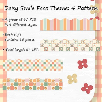 FYSUIMU 59.1 Ft Boho Bulletin Board Borders Retro Groovy Decoration Boarders Smile Daisy Plaid Scalloped Border Trim Sticker Decals for Back to School Home Classroom Party Wall Decoration - style: Boho Plaid