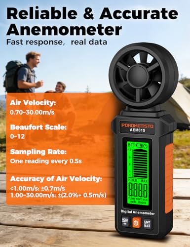 AEM01S Anemometer, POROMETISTO, 3‑Color Alarm & Green Backlit Wind Meter