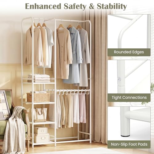 GIANTEX Clothes Rack with Pants Hangers, Heavy-Duty Metal Clothing Rack with 2 Hanging Rods & 4 Storage Shelves, Freestanding Garment Racks, Closet Organizer for Bedroom, Cloakroom (White) - color: White