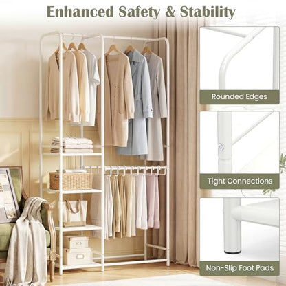 GIANTEX Clothes Rack with Pants Hangers, Heavy-Duty Metal Clothing Rack with 2 Hanging Rods & 4 Storage Shelves, Freestanding Garment Racks, Closet Organizer for Bedroom, Cloakroom (White) - color: White
