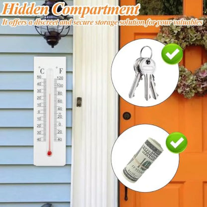 Hidden Key Hider Outdoor thermometerhide Diversion Safe Spare House Storage Box Decorative Thermometer Secret Compartment Geocaching stash Money Coin wall Mount Digital Temperature Gauge