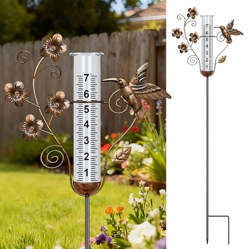 Rain Gauge Outdoor - 35" Large Hummingbird Decorative Rain Gauges Feezeproof, Metal Flower Water Gauge for Rain for Garden Yard Decor - color: bronze-hummingbird