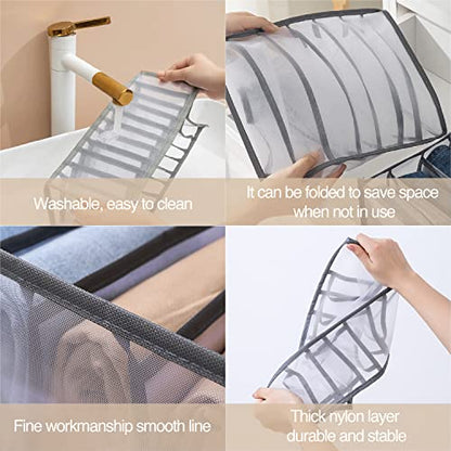 Wardrobe Clothes Organizer, 7 Grids Washable Portable Closet Organizer Mesh Separation Storage Box Foldable Closet Drawer Organizer for Underwear, Socks, Scarves, Jeans (Grey, 3 Jeans Grid) - size: 3 Jeans Grid