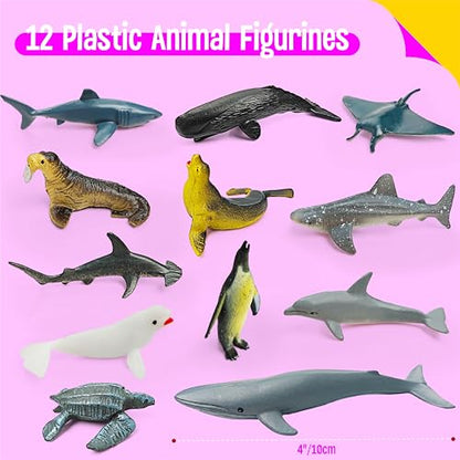 12 Marine Animal Figurines for Kids, Plastic Animal Toys Tiny Portable Sea Creature Figures Playset Montessori Toy Educational Game for Homeschool Preschool Toddler Kids - style: Marine animals (excluding cards)