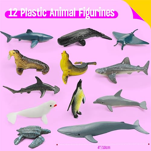 12 Marine Animal Figurines for Kids, Plastic Animal Toys Tiny Portable Sea Creature Figures Playset Montessori Toy Educational Game for Homeschool Preschool Toddler Kids - style: Marine animals (excluding cards)